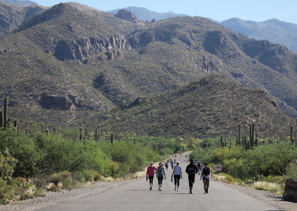People walk through Sabino Canyon Recreation Area in Tucson, Arizona. People walk through Sabino Canyon Recreation Area in Tucson, Arizona.